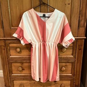Pink & white striped mini dress with ruffle sleeve